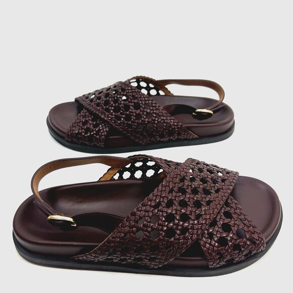 Sezane Tilda Low Sandals Size 9 Brown Smooth Woven Leather Flats Buckle Shoes - Picture 4 of 16